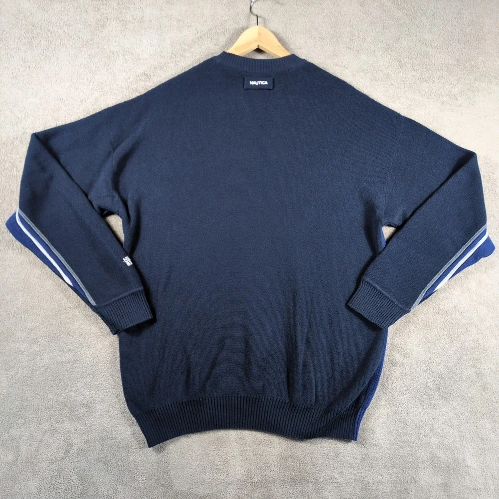 Nautica Sweater‎ Mens Large Navy Blue Knit Cotton Crew Neck Classic Grandpacore